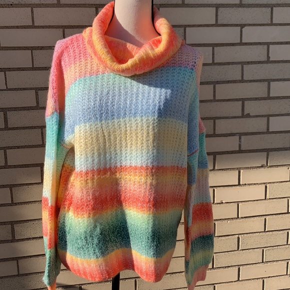 Love Riche Coral Pink Blue Rainbow Stripe Cow Neck Oversized Sweater NWT - Picture 4 of 11